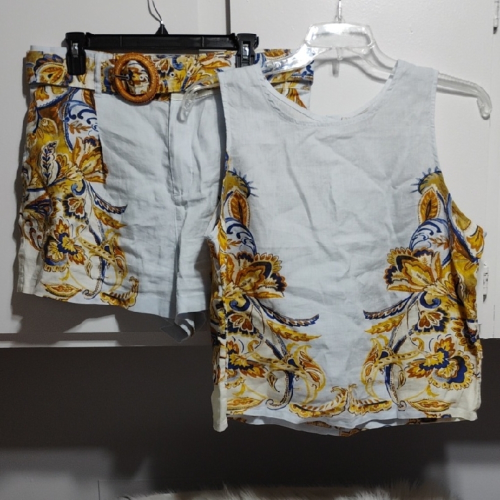 (XX-53) Joie Floral Print Linen Top & Matching Belted Shorts Set XL